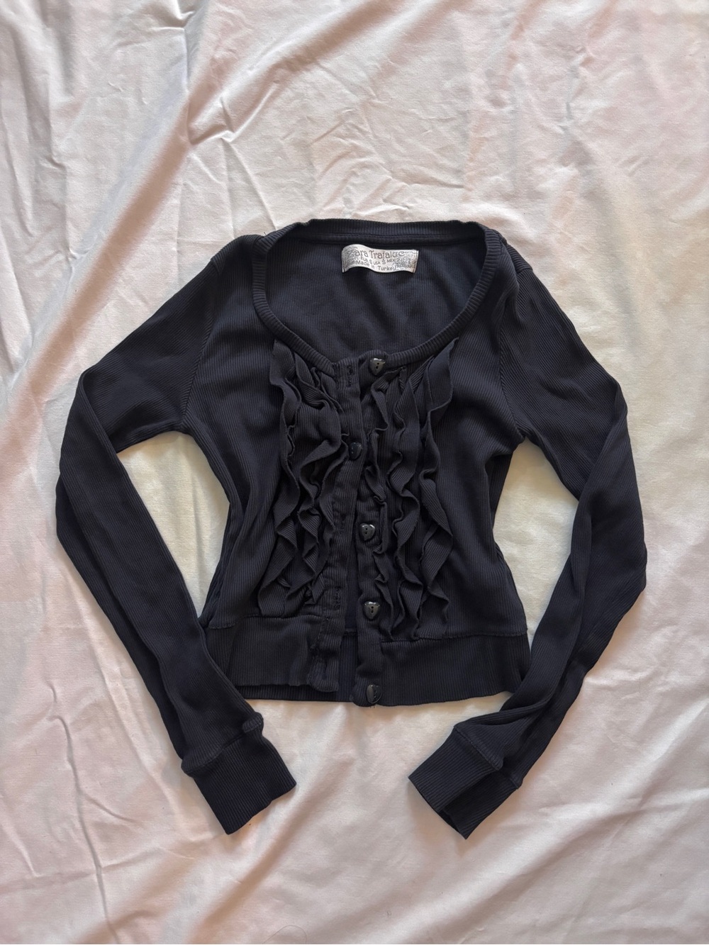 Zara Black Ribbed Ruffle Cropped Cardigan 2000’s